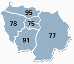 La région Ile-de-France et ses départements (95, 75, 77, 78, 91, 92, 93, 94)